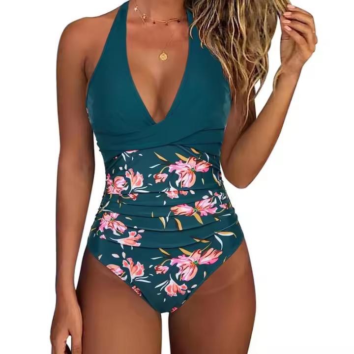 Traje de baño de bikini con lazo ajustado y estampado multicolor de una pieza de nuevo estilo para mujer con sensación de alta gama - 1