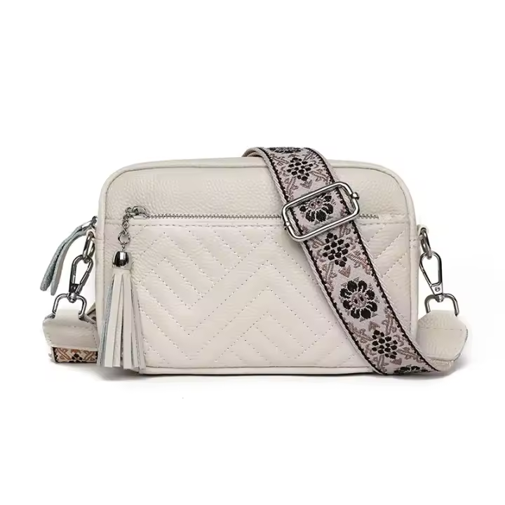 Bolso de Mano de Cuero Genuino para Mujer Color Sólida con Borlas - 1