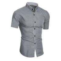 Camisa de moda informal de manga corta de verano para hombre, top ajustado cómodo y transpirable con cuello levantado de color sólido para hombre - details 2