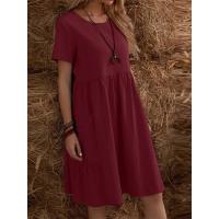 Vestido retro de algodón y lino con cuello redondo y bolsillos sueltos de color sólido para mujer - details 1