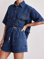 Trajes de verano para mujer, camisa de manga corta con botones de mezclilla de Color sólido y pantalones cortos elásticos, ropa de calle para discoteca, ropa de moda - details 3