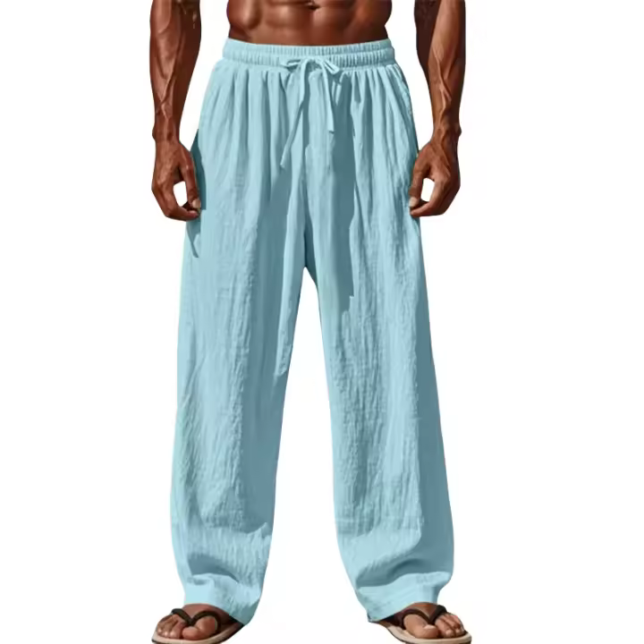 2025 nuevos pantalones casuales de algodón y lino para hombres pantalones de pierna recta simples y cómodos cordón en la cintura de talla grande más sueltos - 1
