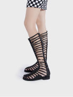 Nuevo verano botas romanas de malla de cuero alto para mujer, fondo plano ahuecado, cremallera trasera, botas geniales, sandalias largas tejidas - details 10