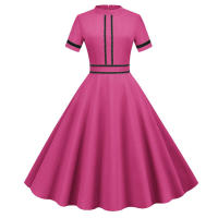 Solid women summer elegant short sleeve stand collar vintage a-line midi long party dress - details 26