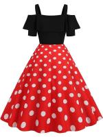 Vestido de fiesta Vintage elegante con hombros descubiertos, vestidos Midi de verano con lunares y volantes para mujer - details 12