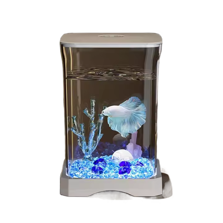 Tanque de peces Betta acrílico extraíble con orificio de alimentación, pecera de escritorio, Mini pecera dorada de alta transparencia para oficinas en casa - 1