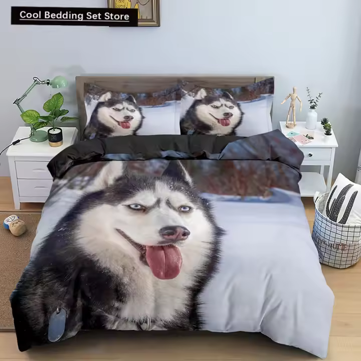 Juego de Cama para Perro Husky Tamaño Rey-Reina Funda de Edredón de Poliéster Divertida para Mascotas Ideal para Niños Cubierta de Cama de Animal - 1