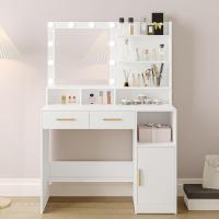 Mesa de Maquillaje con Espejo y LED Regulables Diseño de Cajón y Armario con 3 Escritorios y 4 Compartimentos Abiertos Blanco DT32503X - details 0