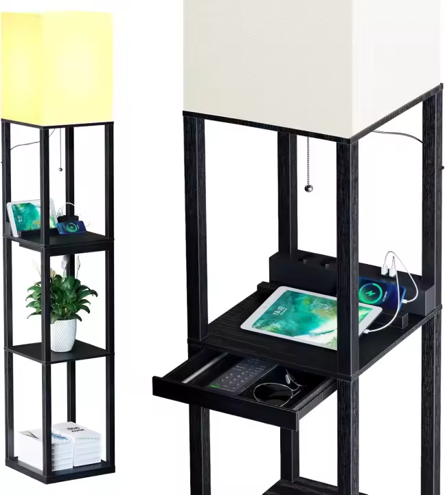 Lámpara de pie de madera con 3 temperaturas de color, 2 puertos de carga USB y 1 cajón, lámpara de pie para estar, dormitorio, oficina, decoración de salón, lámparas de pie blancas (bombilla incluida) - 1
