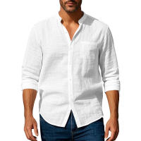 Camisa de lino de primavera y otoño, manga larga, cuello alto, transpirable, pegatina informal, camisa de bolsillo, hombres - details 11
