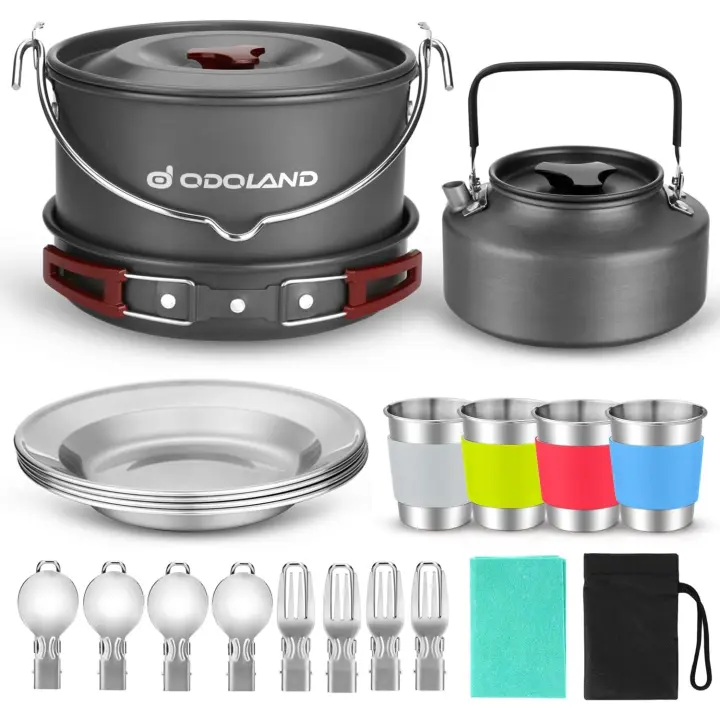 Cocina Camping con Olla, Sartén, Hervidor de Camping, Plato, Tazas de Acero Inoxidable y Cubiertos Plegables, Kit de Cocina para Cocinar al Aire Libre - 1