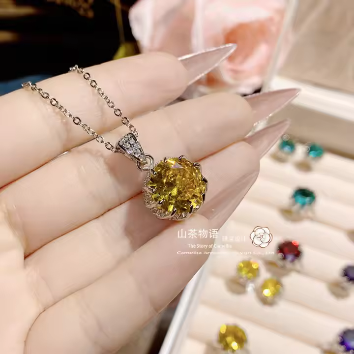 Conjunto de piedras preciosas de color citrino, colgante de pendiente de anillo de belleza de lirio de agua de diamante amarillo chapado en oro para mujer - 1