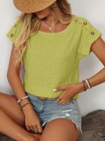 Camiseta de manga corta con botones y cuello redondo para mujer, Top hueco, Color sólido, novedad de primavera y verano 2025 - details 14