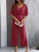 Monos de verano de manga corta para mujer, vestido de cintura alta con cuello en V y pantalones, color rojo burdeos - details 2
