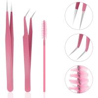 Clip de extensión de pestañas postizas, caja de herramientas, punta curvada rosa, pinza de cola, 3 piezas - details 1