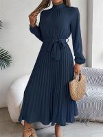 Vestido plisado elegante con cuello levantado y manga larga y cintura cerrada para mujer, vestido largo de Otoño Invierno - details 18