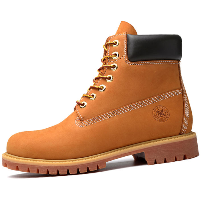 ¡Nuevas botas de trabajo impermeables para hombre! Cuero auténtico en cuello y forro interior, plantilla con amortiguación de panal - Botas amarillas grandes originales antiolor de cuero de primera capa para senderismo, uso casual y diario cómodo