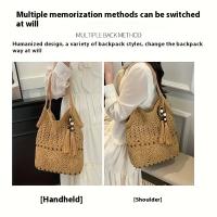 Bolso tejido de hilo de moda con borlas de cuentas de madera, un nuevo bolso de paja con diseños recortados, perfecto para vacaciones y salidas a la playa, un accesorio versátil para mujeres. - details 5
