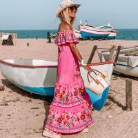 Vestido Largo para Mujer Verano 2025 Escote Palabra de Honor con Estampado de Flores Rojas - details 16