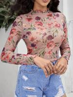 Nueva camiseta de manga larga impresa elegante del ajuste del oído de madera de la flor, las tapas flacas de las MUJERES - details 3