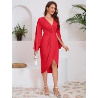 Vestido de noche para mujer con abertura, manga larga, cuello en V, color sólido, 2025 - details 4