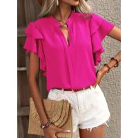 Jersey Elegante De Color Rojo Rosa Para Mujer, Blusa Informal Con Cuello En V Y Mangas Con Volantes De Doble Capa, Top De Color Sólido - details 18