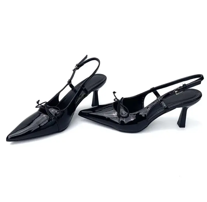 Sandalias altas con cadena de metal de nuevo diseño, zapatos abiertos de cuero suave con tacones expuestos, punta cuadrada para mujer - 1