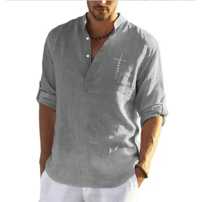 Camisa informal de algodón para hombre, cuello Henry, talla grande, negro, blanco, gris, verde, 3XL, 2XL - 1