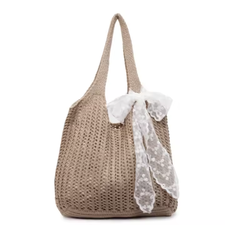Con cinta de encaje, bolso tejido de Color sólido, bolso de mano, bolso de playa, bolso de playa con agujeros, bolso de hombro hueco de gran capacidad, compras - 1