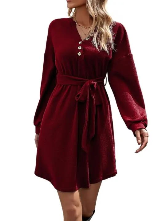 Vestido informal elegante de manga larga, adecuado para el único cuello en V de las mujeres. - 1