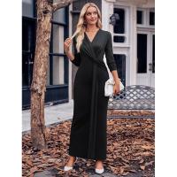 Vestido con cuello en V para mujer, prenda elegante de manga larga, color liso, 2025 - details 6