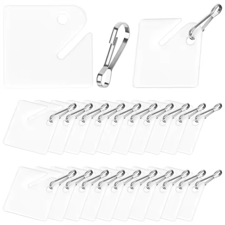 100 etiquetas para llaves, etiquetas colgantes de plástico ranuradas con ganchos de presión de metal, etiquetas para llaves blancas, etiquetas para llaves cuadradas en blanco - 1