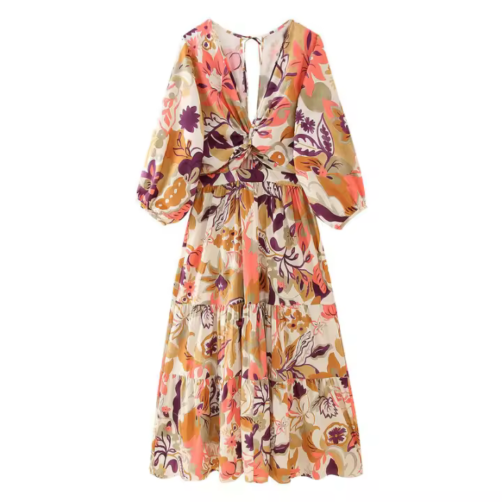 BUNO-mujeres moda Primavera Vintage impreso popelina vestidos largos con cuello en V midi francés elegante ropa de noche femenina - 1
