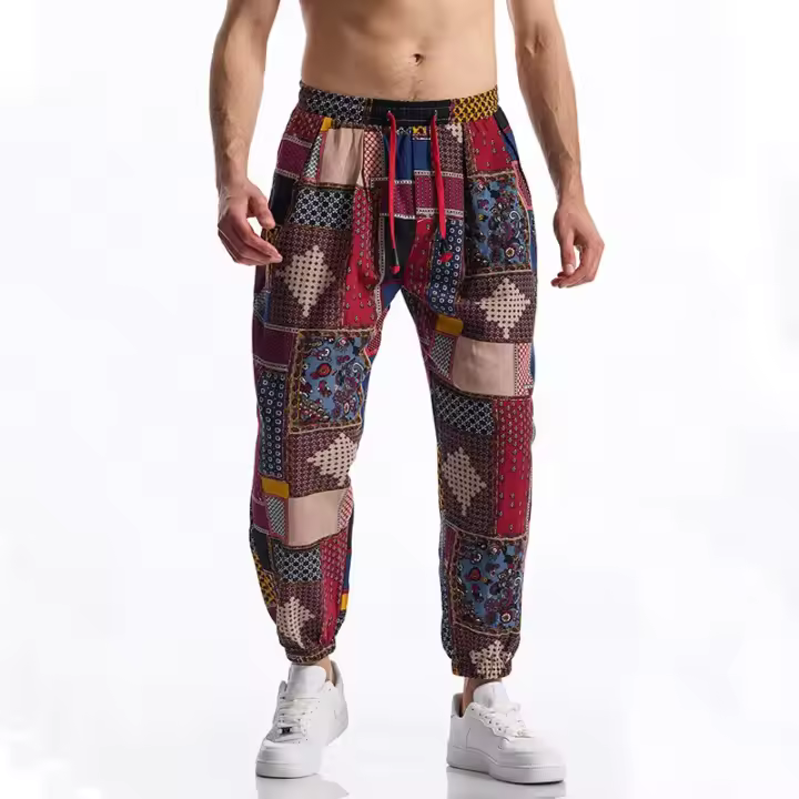 Pantalón en lino imprimé Tribal Boho para hombres, en algodón, décontracté, con cordón de serrage, para deportes al aire libre, curso à pied, sorpresa, été - 1