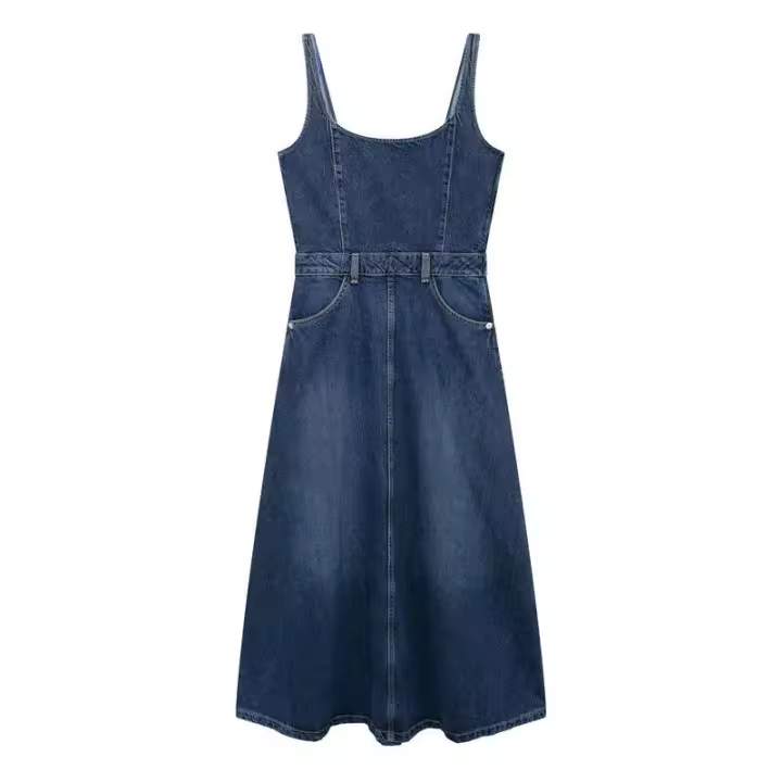 Vestido Vaquero Retro Sin Mangas Ajustado con Cintura Invertida Minivestido Informal de Moda para Mujer de Otoño de China Continental - 1