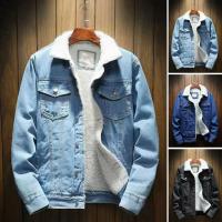 Chaqueta vaquera para hombre con forro de terciopelo, chaqueta resistente al frío de color sólido, chaqueta vaquera de un solo pecho para invierno, ropa de calle - details 1