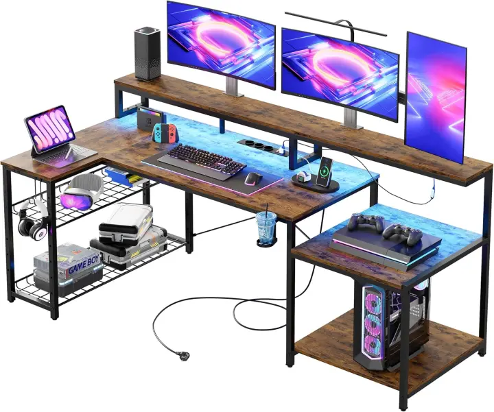 Mesa de Juegos con Luces LED 181cm, Escritorio para PC con 3 Tomas de CA y 2 Puertos de Carga USB - 1