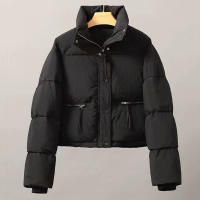 Women short thick cotton padded puffer jacket winter stand collar zipper basic coat outwear - details 30