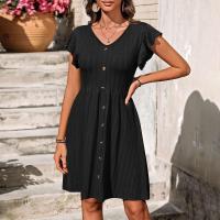 Nuevo vestido de manga corta elástico con cintura con botones y cuello en V para mujer - details 18