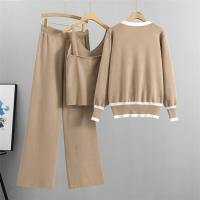 Nuevo En 2023 Conjunto De Moda Para Mujer 3 Piezas Vest Top + Chaqueta De Cremallera Larga + Pantalones Con Cintura Elástica Traje De Pista Tejido - details 1
