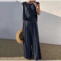 Conjunto de dos piezas de algodón para mujer, Tops informales sin mangas, pantalones de piernas anchas holgados, primavera y verano, 2024 - details 2