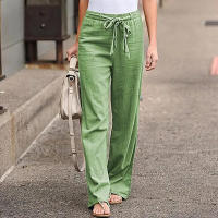 Pantalones Largos Sólidos Para Mujer Casual Algodón Lino Con Cordón Cintura Elástica Pierna Ancha Estilo Callejero Ropa De Mujer - details 5