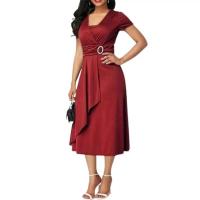 BUNO-Vestido de fiesta de cóctel para mujer, vestido informal con cuello en V, manga corta, cintura con cordones, asimétrico, dobladillo ancho, vestido de fiesta de noche - details 8