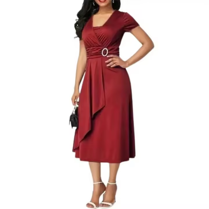 BUNO-Vestido de fiesta de cóctel para mujer, vestido informal con cuello en V, manga corta, cintura con cordones, asimétrico, dobladillo ancho, vestido de fiesta de noche - 1
