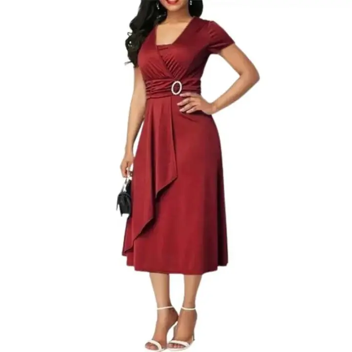 BUNO-Vestido de fiesta de cóctel para mujer, vestido informal con cuello en V, manga corta, cintura con cordones, asimétrico, dobladillo ancho, vestido de fiesta de noche - 1