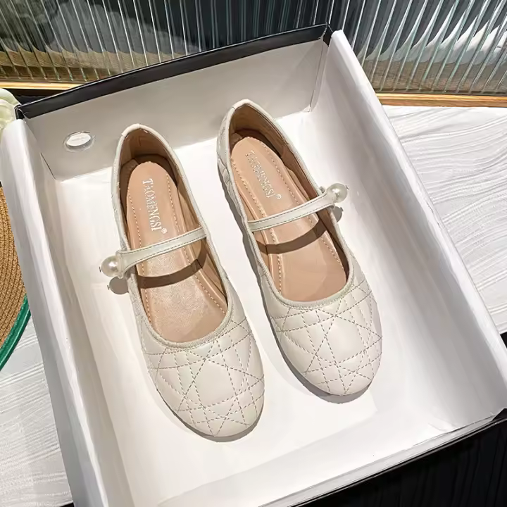 Zapatos planos con hebilla de perla de rombo importados, zapatos individuales femeninos Mary Jane - 1