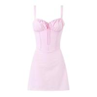 Vestido corto de algodón para mujer, minivestido con cordones en la espalda, rosa, para fiesta y verano, espalda, rosa, - details 0