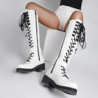 Botas de cuero con cremallera lateral para mujer, botines de tacón bajo a la moda, parte inferior gruesa con cordones, novedad de invierno de 2025 - details 22