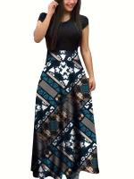 Vestido de manga corta a juego con estampado de flores de estilo europeo y americano para mujer, falda con vuelo grande, 2024 - details 13