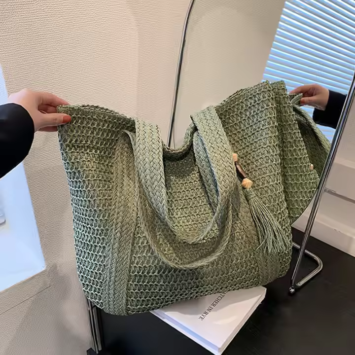 Bolso de paja de gran capacidad con Colgante para axila, Asa superior, Verano - 1